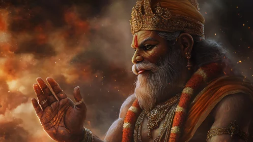 Regal bearded deity extends blessing amid burning clouds