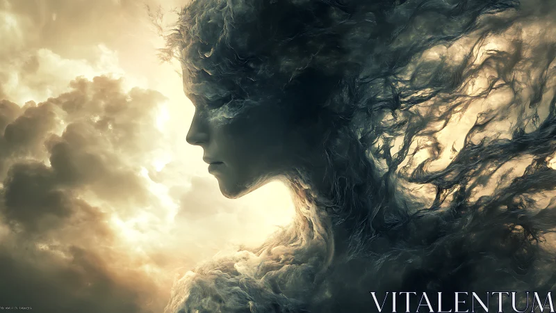 Ethereal cloud deity profile in turbulent luminous nebula