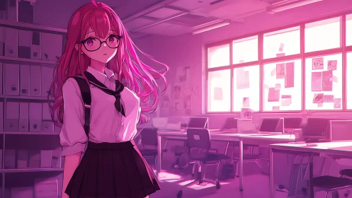 Pink-lit classroom reverie with introspective anime student.