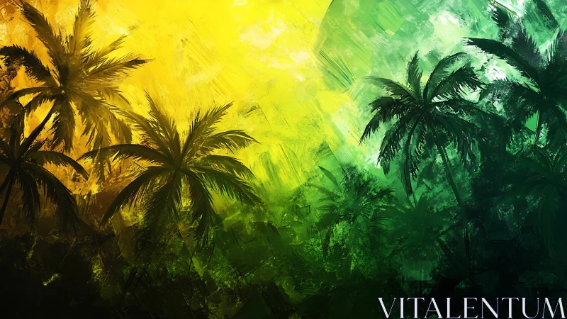 Vibrant tropical palms glow against a golden green sky