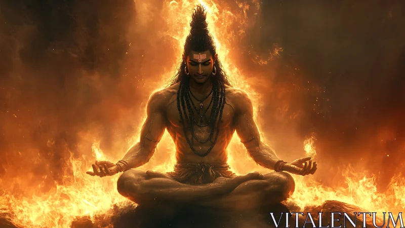 Meditating male figure sits in lotus pose amid surrounding fire