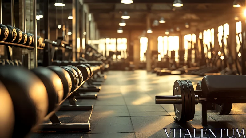 Row of gym dumbbells lines a weight room in warm sunlight