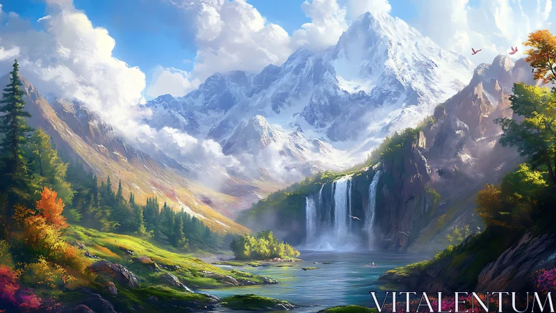 Skybright peaks and whispering waterfalls in painted valley.