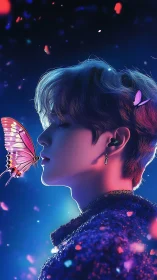 Neon-lit profile meets glowing butterfly in cosmic dusk