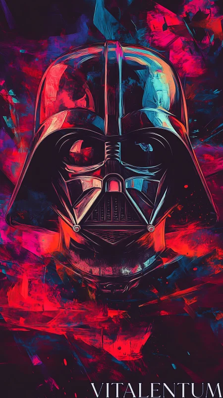 Neon-lit dark helmet portrait in vivid abstract strokes.