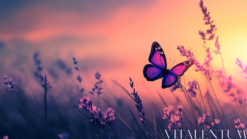 Vibrant Purple Butterfly on Lavender Flowers at Sunset, Dreamy Style.