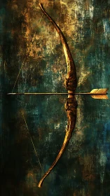 Golden ceremonial bow with arrow on textured abstract teal field.