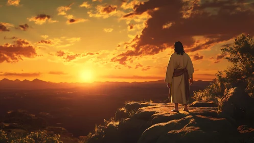 Solitary robed figure on rocky overlook at sunset horizon.