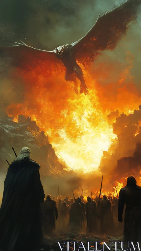 Dragon unleashes fiery wrath above embattled medieval army.