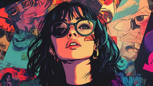 Pop-art portrait of woman with glasses amid layered collage fragments
