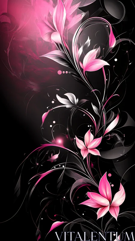 Pink Floral Vines on Black Background.