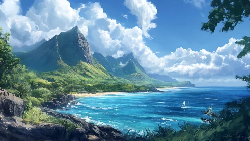 Tropical Coastal Landscape with Dramatic Basalt Peak and Sailboats