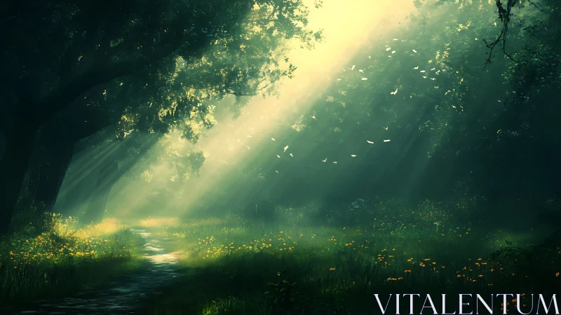 Enchanted Forest Path with Sunbeams and Wildflowers, Digital Art.