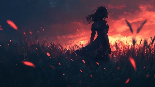 Silhouetted girl watching a blazing red twilight horizon.