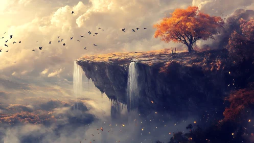 Floating plateau with twin waterfalls under dense clouds.