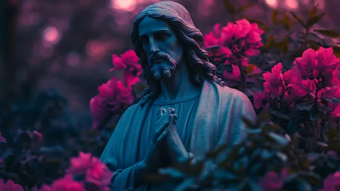 Statue in prayer posture framed by magenta foliage under moody bokeh