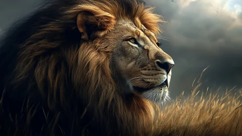 Lion portrait shows detailed mane and side profile in grassland