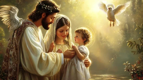 Radiant angelic family sharing a tender moment of light.