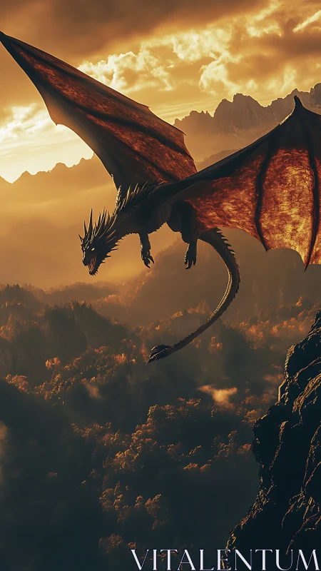 Sunlit mountain skies welcome a soaring dragon in flight.