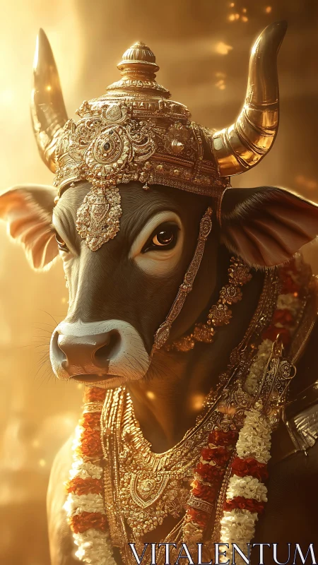 Sacred cow portrait wearing ornate gold crown and garlands