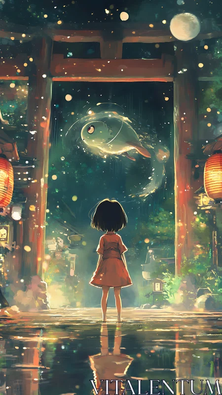 Anime night shrine scene with girl and spirit fish portal.