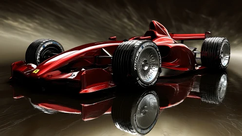 3D-rendered crimson formula race car on reflective track surface.