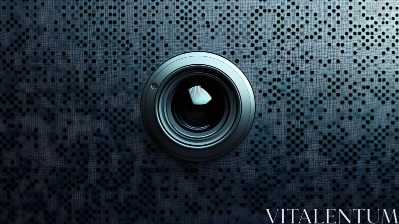Futuristic Camera Lens on Abstract Perforated Metallic Surface.