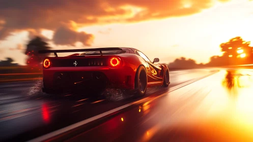 Red sports car on wet roadway at sunset in motion.