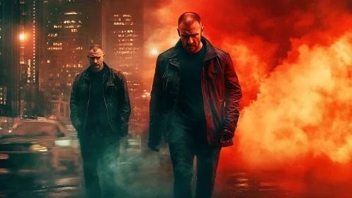 Brooding antihero strides through neon smoke-soaked city streets.