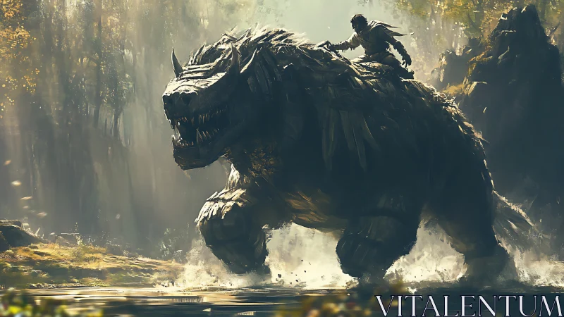 Fantasy warrior on beast in cinematic digital painting composition.