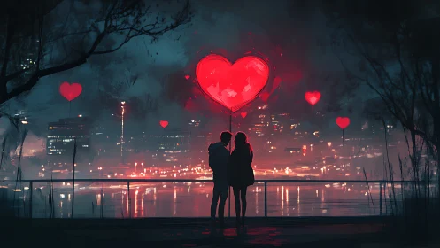 Silhouetted couple embracing under glowing red heart balloons at night cityscape
