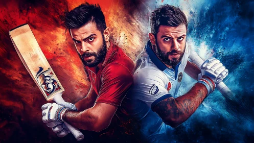 Digital rendering shows two cricketers facing opposite directions