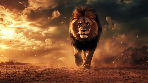Majestic lion strides through fiery sunset storm clouds.