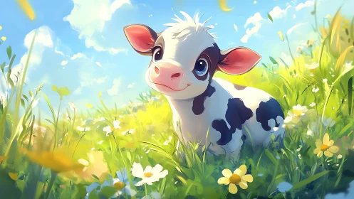 Cute cartoon calf resting in sunny flower meadow scene.