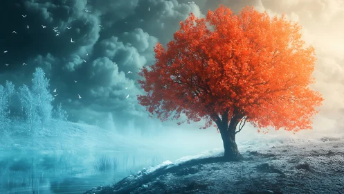 Ember-crowned tree blazing over a frost-kissed dream river.