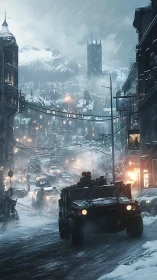 Armored convoy ascends snowbound war‑torn mountain city street