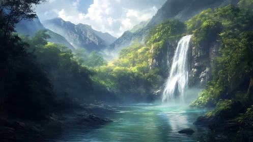 Waterfall pours into misty turquoise river in dense valley