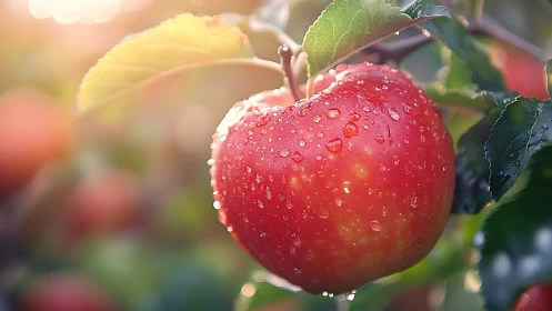 Macroscale optical study of dew‑laden ripe apple surface.