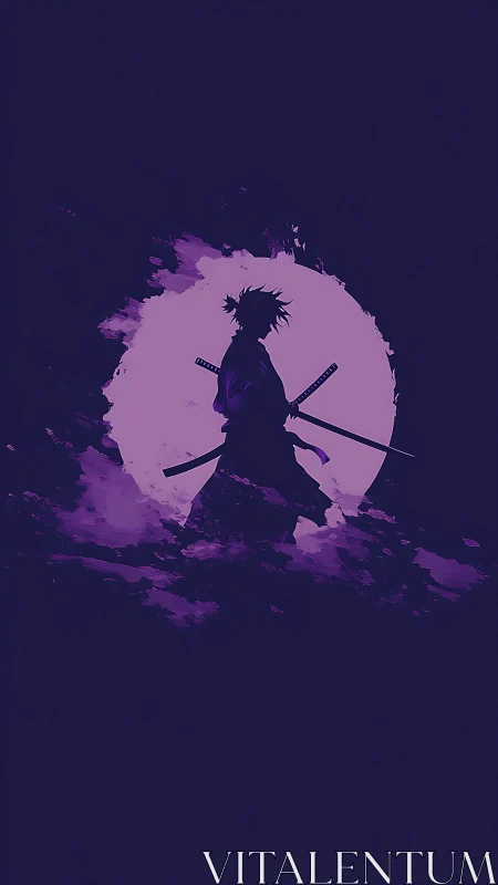 Silhouetted dual-katana warrior framed by textured lunar backdrop