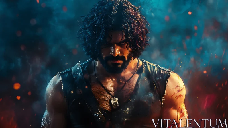 Brooding warrior emerges from embers in cinematic neon haze