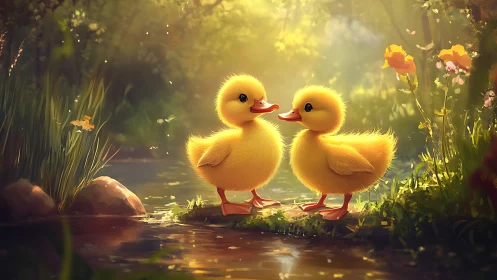 Sunlit ducklings by the stream in dreamy forest glow.