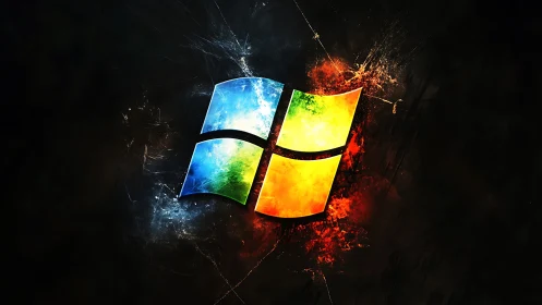 Windows-style quad logo rendered with explosive particle energy field
