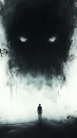 Silhouette confronts huge shadowy monster face in mist.