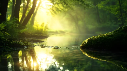 Serene forest stream at sunrise with glowing golden light, realistic style.