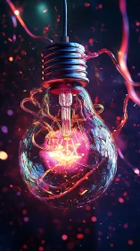 Neon-charged glass light bulb glows amid floating cyber sparks