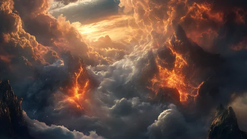 Molten storm peaks beneath blazing celestial skies.