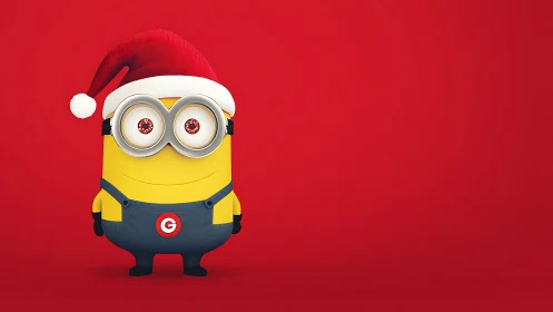 Yellow cartoon helper wears Santa hat on red background.