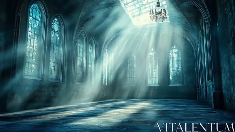 Sunlit gothic hall filled with gentle, misty morning light.