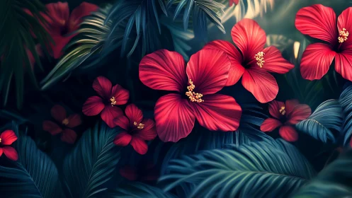 Crimson Blooms Glow Against Deep Teal Foliage in Nature.