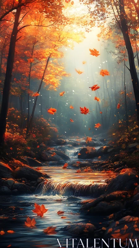 Autumn forest stream catches drifting leaves in soft misty light